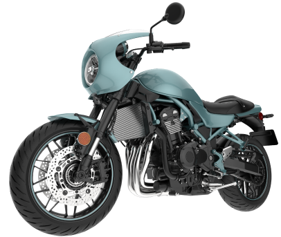 Sleek turquoise sport motorcycle angled toward viewer on a promotional carousel slide with a modern studio style background and headline Ride-on R15 V4 with Smile conveying excitement and confidence
